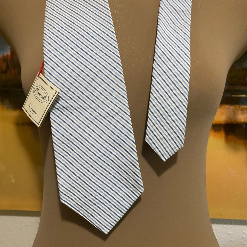 Faconnable Necktie Preppy Men Seersucker Silk Cotton OS Blue White New